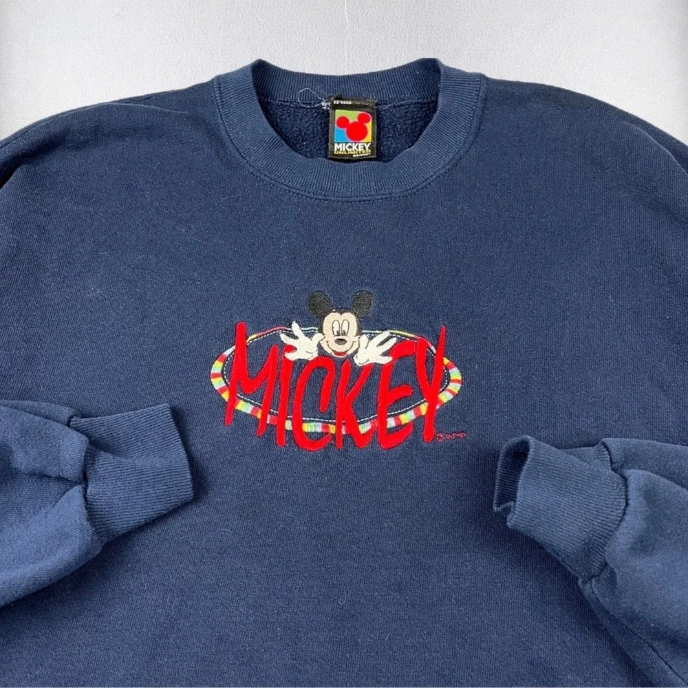Vintage Mickey Mouse Sweatshirt Mens XL Navy Blue Embroidered Disney Crewneck